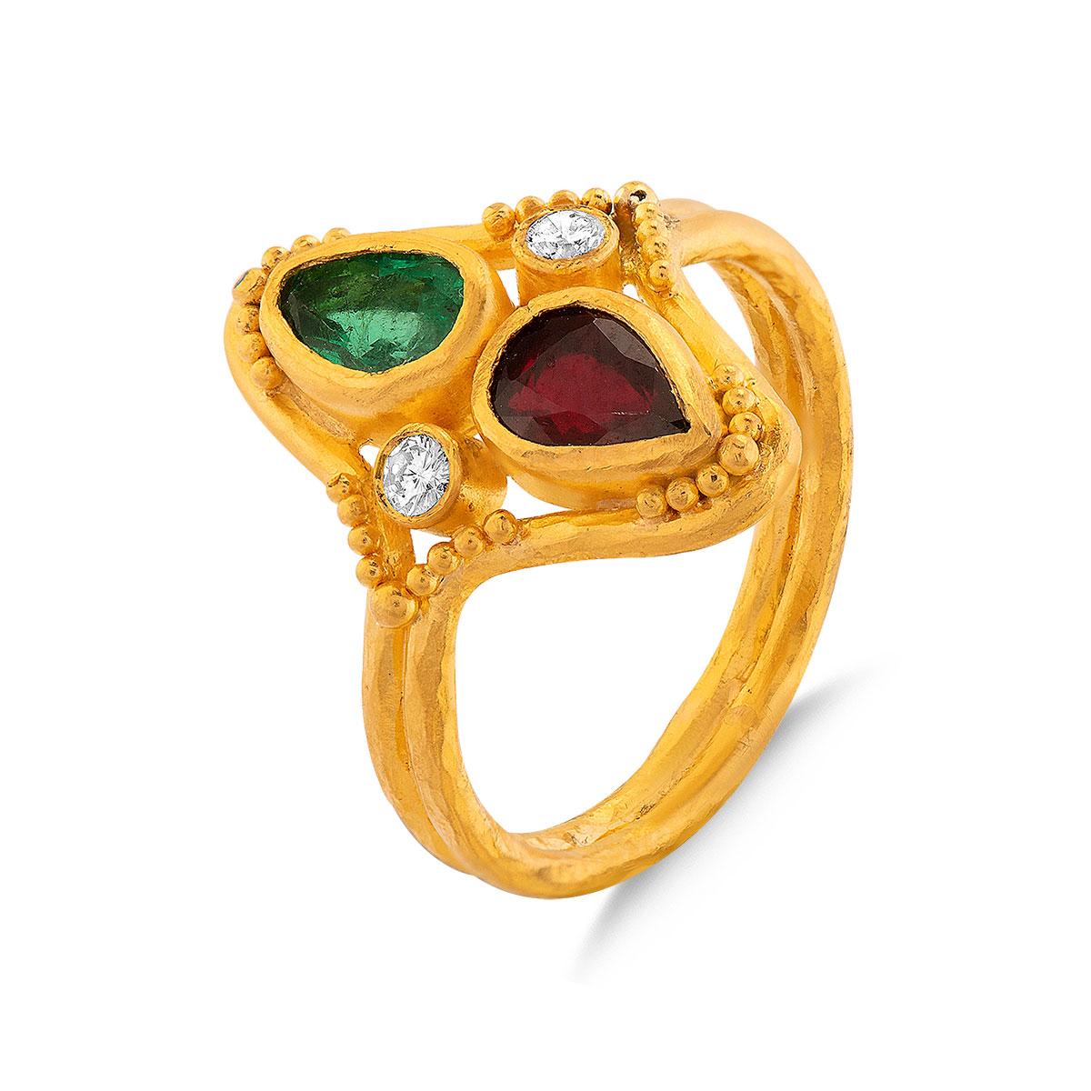 Twin Stone Ring with Emerald and Ruby