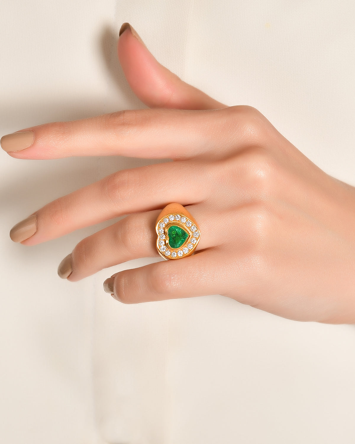 Heart Cut Emerald Ring with Diamond Halo