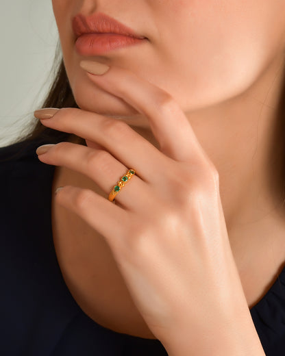 Triple Stone Beaded Ring with Emerald