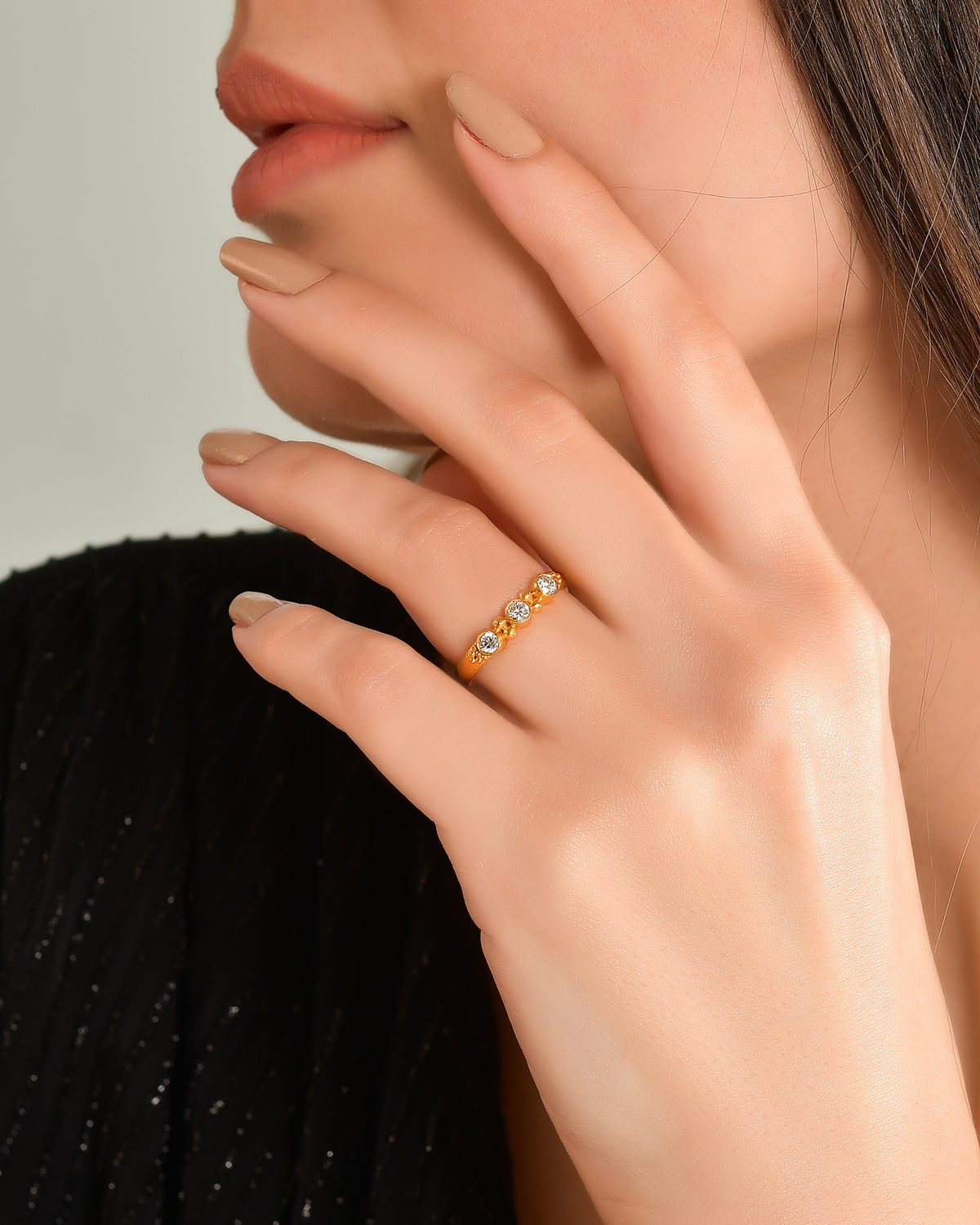 Triple Stone Beaded Ring with Diamond